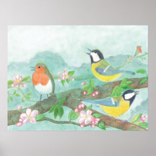 Birds singing on a blossoming tree branch poster