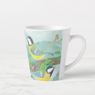 Birds singing on a blossoming tree branch Small Latte Mug