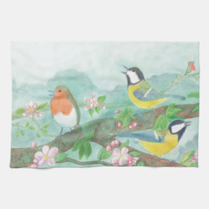 Birds singing on a blossoming tree branch  tea towel