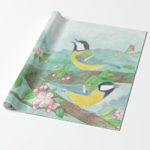 Birds singing on a blossoming tree branch  wrapping paper