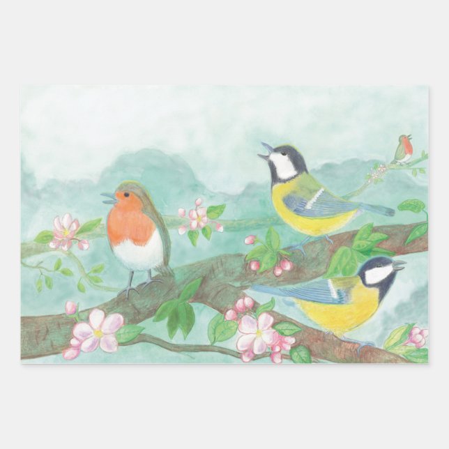 Birds singing on a blossoming tree branch  wrapping paper sheet (Front)