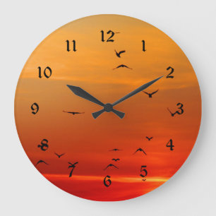 Birds Take Flight at Sunset, picturesque photo, Large Clock
