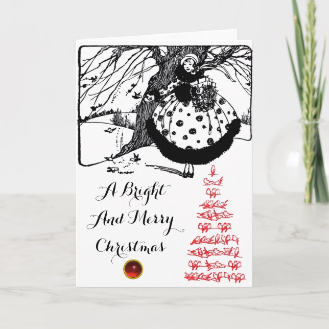 BIRDS TREE AND CHRISTMAS LADY Black White Red Gem Holiday Card (Front)