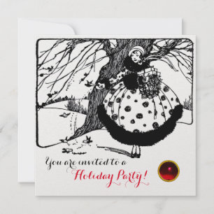 BIRDS TREE AND CHRISTMAS LADY Black White Red Gem Invitation