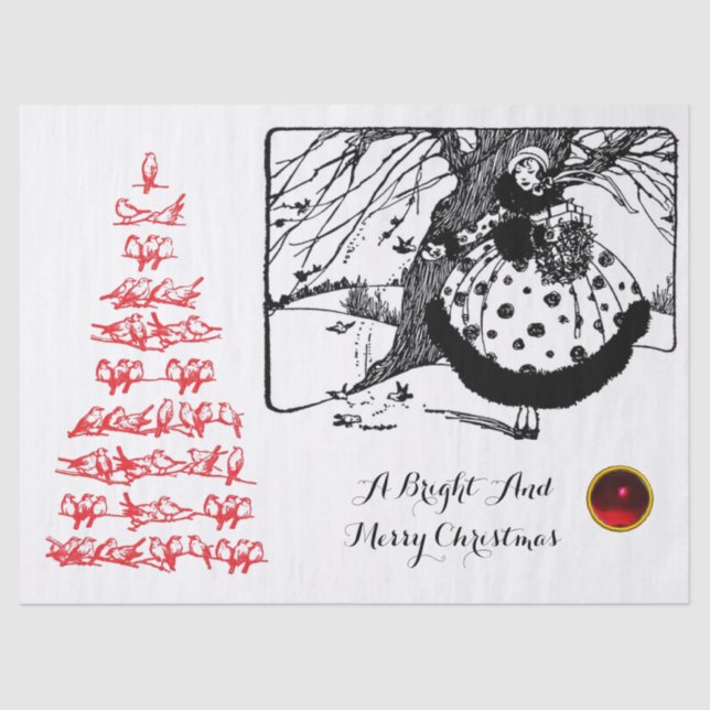BIRDS TREE AND CHRISTMAS LADY Black White Red Gem Tissue Paper (Front)