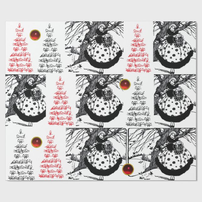 BIRDS TREE AND CHRISTMAS LADY Black White Red Gems Wrapping Paper (Flat)
