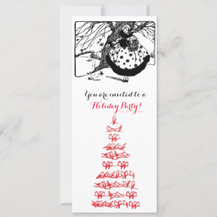 BIRDS TREE,CHRISTMAS LADY Black White Gem Red Invitation