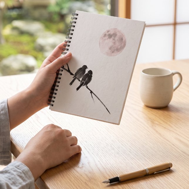 Birds Under Blush Moon Notebook (Lifestyle Shot)