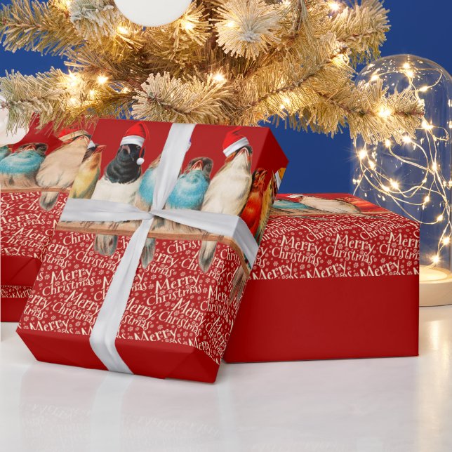 Birds Wearing Santa Hats Sitting on a Perch   Wrapping Paper (Holidays)