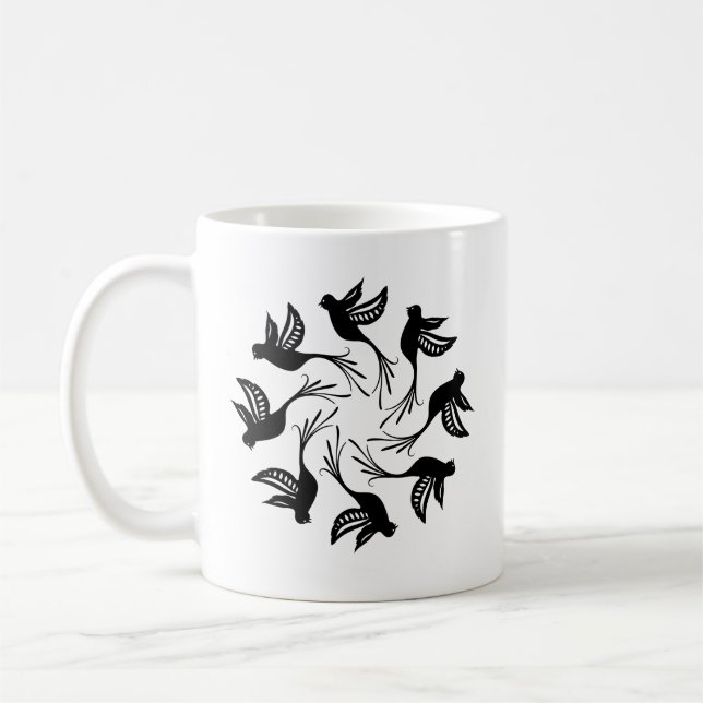Birds Whirlpool Pattern Design | Spiral Nature Coffee Mug (Left)