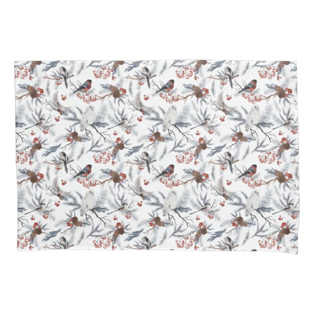 Birds White Grey Silver Branch Red Berries Nature Pillowcase (Front)