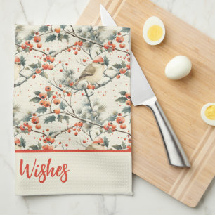 Birds Winter Holly Red Berries Christmas Holiday Tea Towel