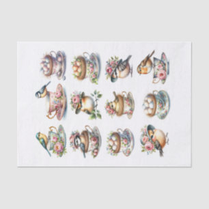 Birds with Hats and Nests in Teacups Fussy Cuts Tissue Paper