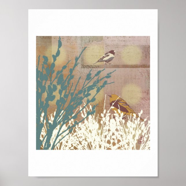 "Birds with Rosegold Pussy Willow" Print (Front)