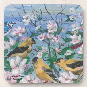 Birds yellow finch blooms Hand Painted Original Coaster
