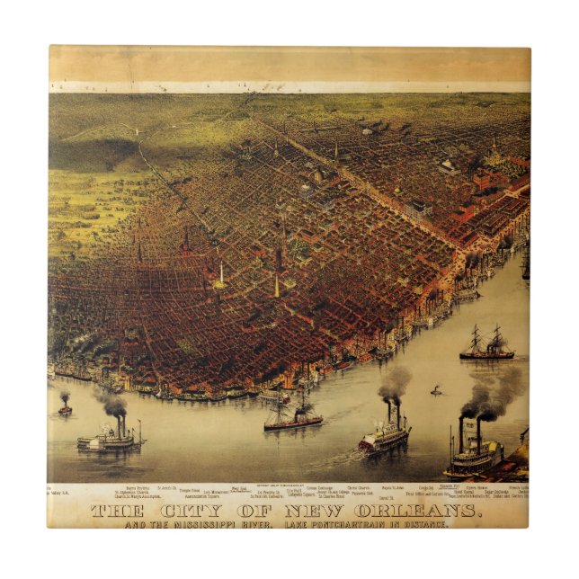 Birdseye map of New Orleans (1885) Ceramic Tile (Front)