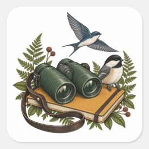 Birdwatcher Binoculars and Birds Square Sticker