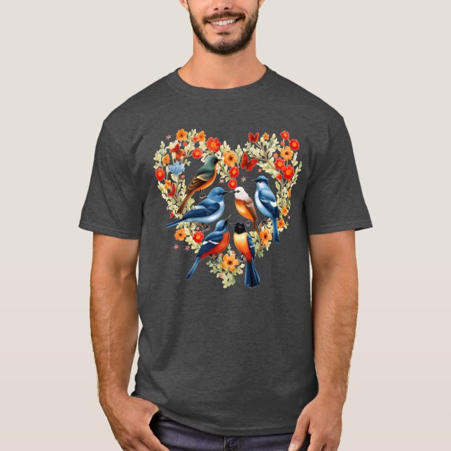 Birdwatching Heart Flower Wreath Birder Birding fr T-Shirt (Front)