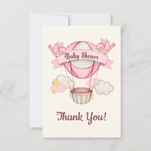 Birdy Balloon Pink Baby Shower Thank You Card (Front)
