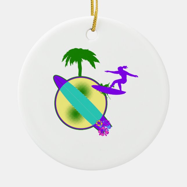 birght pastel surfer girl ceramic ornament (Front)
