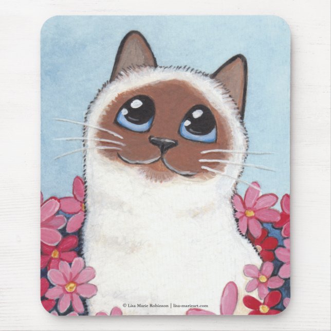 Birman Cat and Pink Flowers Cat Art Mousepad (Front)