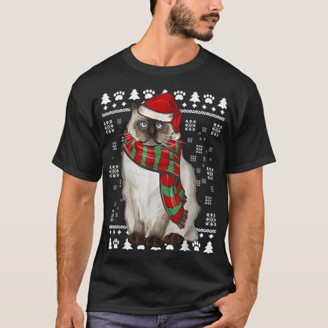 Birman Cat Santa Hat Xmas Ugly Christmas T-Shirt (Front)
