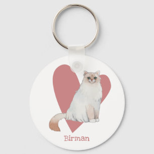 Birman Cat Watercolor Kitty Pink Heart Key Ring