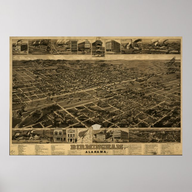 Birmingham Alabama 1885 Panoramic Map Poster (Front)
