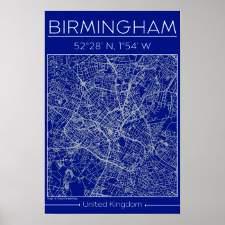 Birmingham Blueprint City Map Poste Minimal Wall Poster