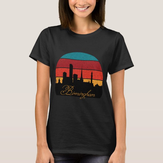 Birmingham Skyline Retro Sunset Travel T-Shirt (Front)