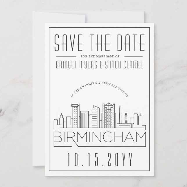 Birmingham Wedding Stylised Skyline Save the Date Invitation (Front)