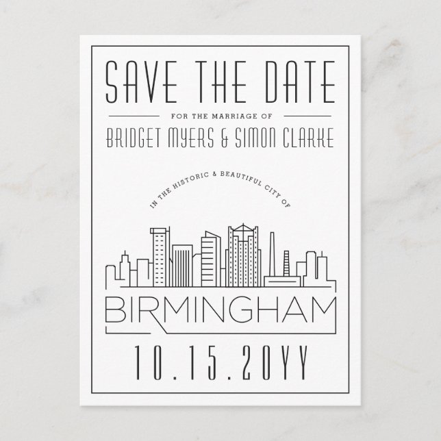 Birmingham Wedding Stylised Skyline Save the Date Postcard (Front)