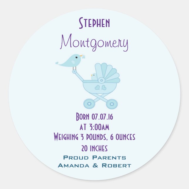 Birth Announcement Baby Bird Classic Round Sticker (Front)