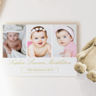 Birth Announcement Baby Photo Gold Coloured Script Postcard