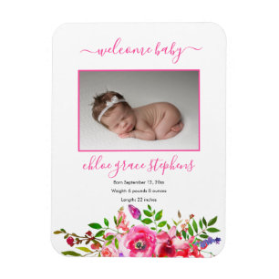 Birth Announcement - Boho Pink Floral Baby Girl Magnet