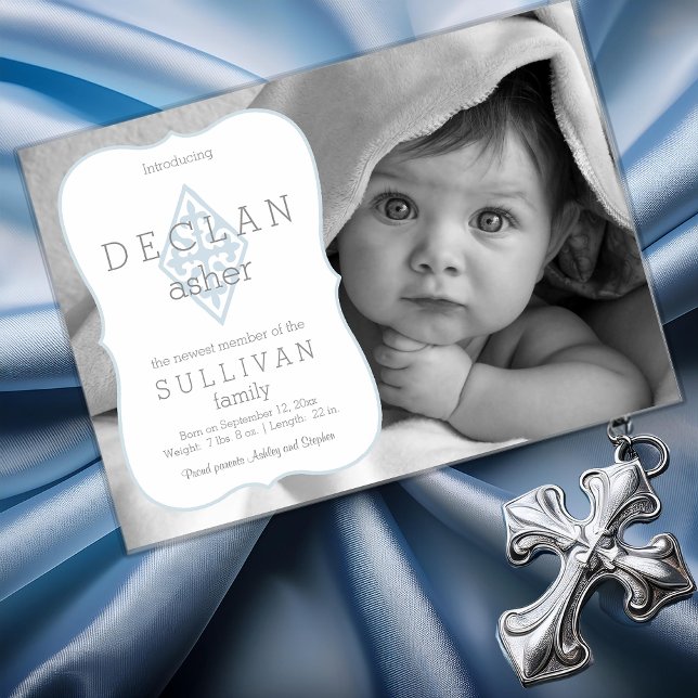 Birth Announcement | Boy Photo Fleur de Lis Cross (Boy Photo Fleur de Lis Vintage French Catholic Cross Birth Acrylic Announcement)