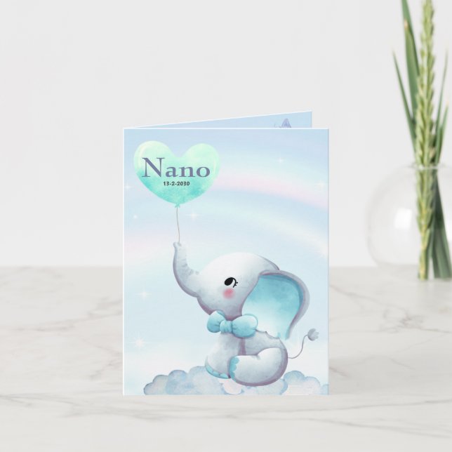 Birth announcement card boy - Elephant on cloud (Front)