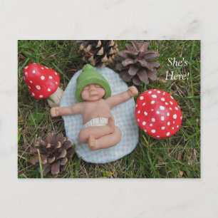 Birth Announcement: Clay Baby, Mushrooms, Grass Announcement Postcard