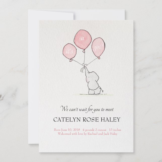 Birth Announcement Girl Elephant Balloons (Front)
