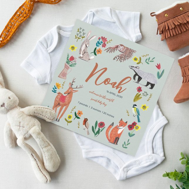 Birth announcement green cute woodland animals  (Creator Uploaded)