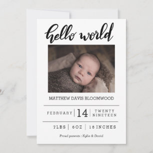 Birth Announcement Hello World Handwritten Photo