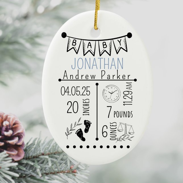 Birth Announcement Keepsake Newborn Stats Ceramic Ornament (Birth Stats in shape of this sweet keepsake. A gift to keep for years to come. new parents gift)