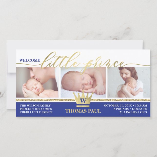 Birth Announcement, Little Prince, Faux Gold Foil Announcement (Front)