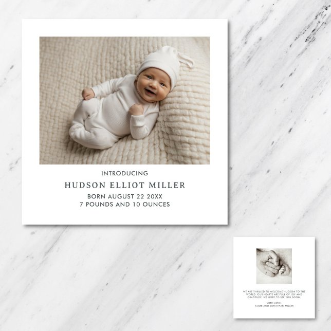 Birth Announcement Minimalist Modern Square Card (Minimalist square birth announcement card)
