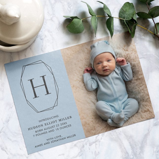 Birth Announcement Monogram Modern Blue Card (Modern monogram birth announcement card in blue)