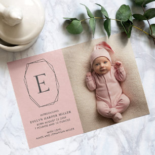 Birth Announcement Monogram Modern Pink Card