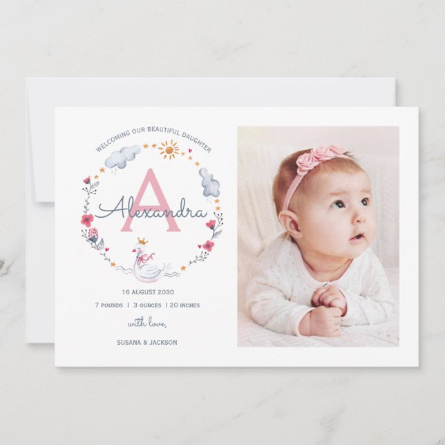 Birth announcement monogram princess swan (Front)
