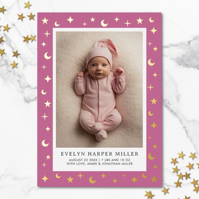 Birth Announcement Moon & Stars Lilac Foil Card (moon and stars birth announcement card with gold foil)
