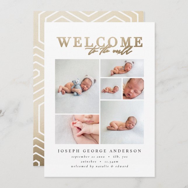 Birth announcement multi photo gold geometric (Front/Back)