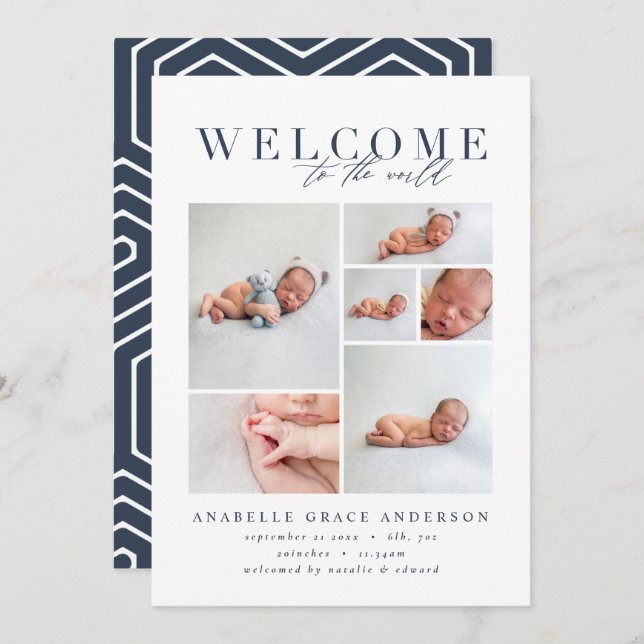 Birth announcement multi photo navy geometric (Front/Back)
